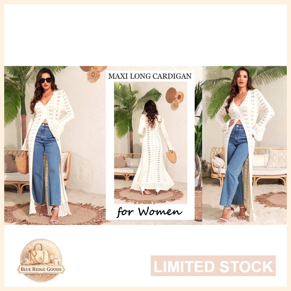 Crochet Maxi Duster Cardigan Lightweight Bell Sleeves Ruffle Hem Y2K - Picture 7 of 7